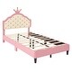 preview thumbnail 5 of 16, Twin/Full Size Upholstered Princess Bed with Crown Shaped Headboard, Lovely PU Leather Platform Bed with Button Tufted Design