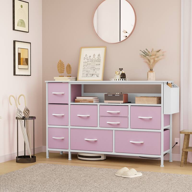 Moasis 50"W 9-drawer Fabric Dresser, Media Console, TV Stand with Outlets, RGB Lights