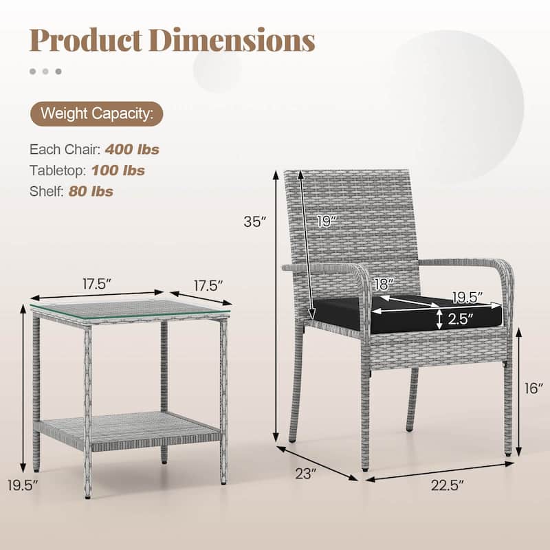 Costway 3 PCS Patio Furniture Set with Seat Cushions & Tempered Glass - See Details