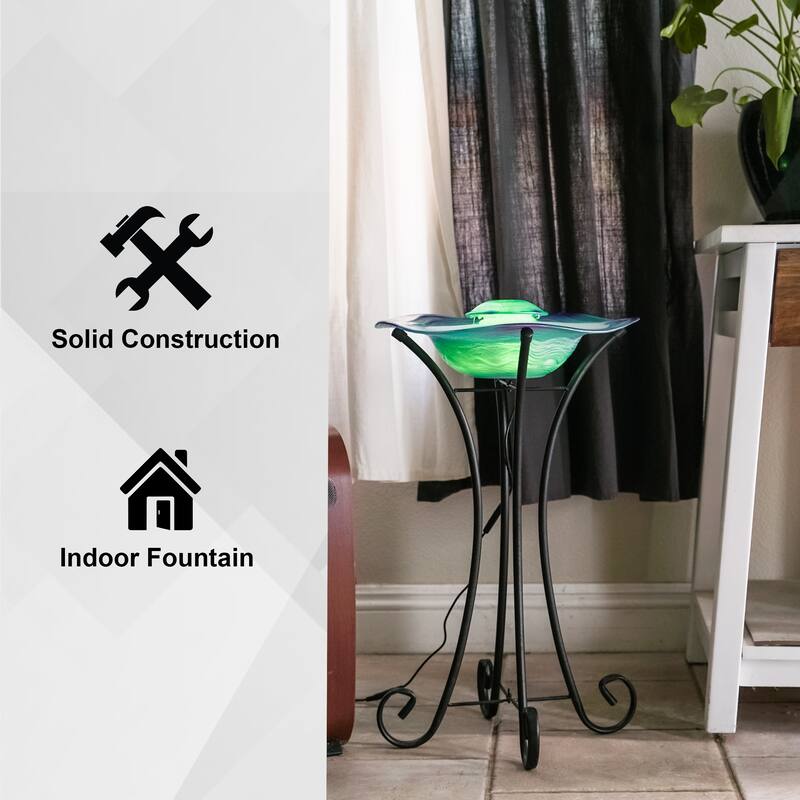 27in Tall Floor Mist Fountain with LED Lights and Inline Control - Blue Glass and Metal Design, Blue Freestanding Mist Fountain