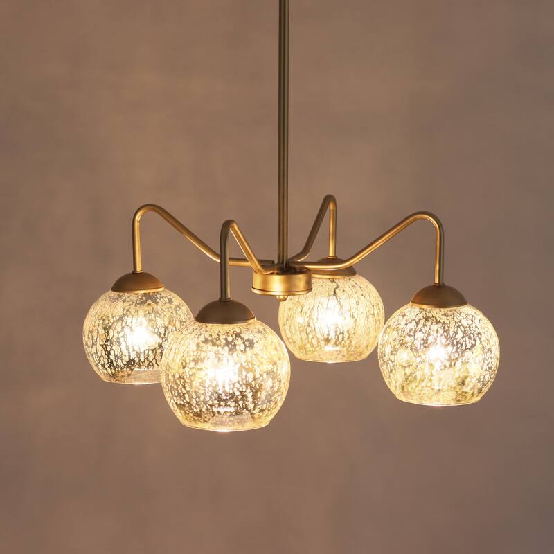 Ziv Mid-Century Modern 4-Light Gold Chandelier with Mercury Glass Shades - 20.5" D x 8.5" H