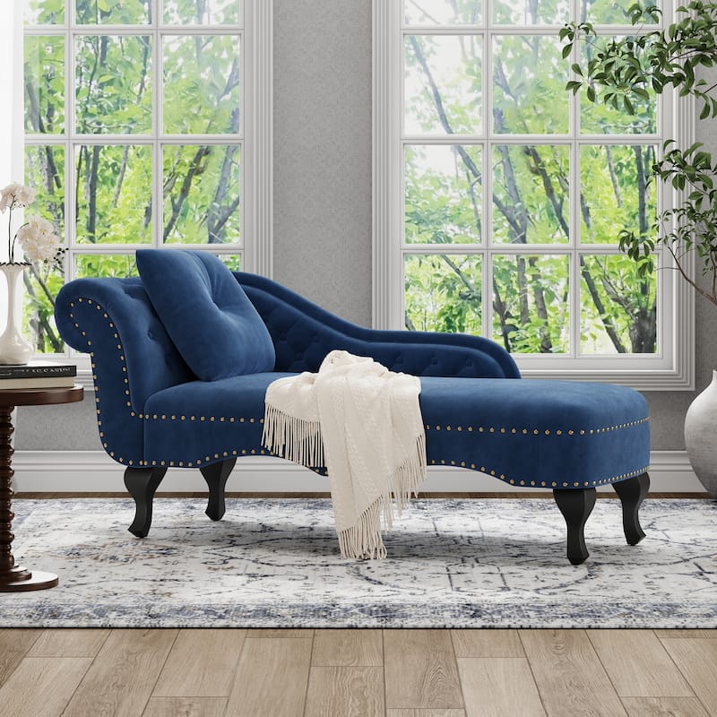 Christopher Knight Home - Bressi Modern Velvet Upholstered Chaise Lounge with Tufted Backrest, Nailhead Trim & Pillow - Navy Blue