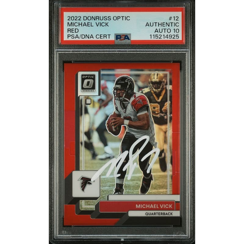 Michael Vick 2022 Panini Donruss Optic Red Signed Football Card #12 Auto Graded PSA 10 98/99 Cert # 115214925 - 8' x 11'