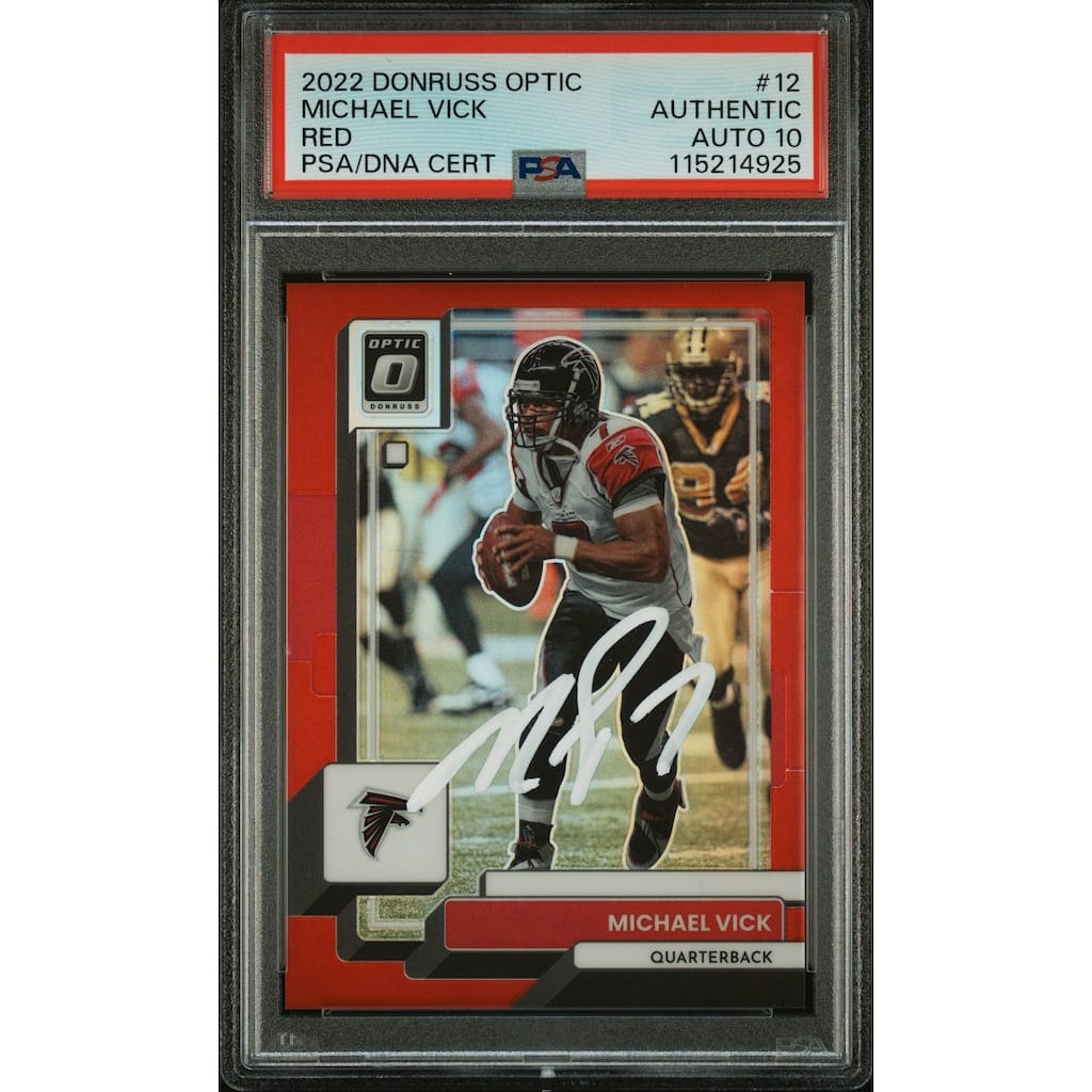 Michael Vick 2022 Panini Donruss Optic Red Signed Football Card #12 Auto Graded PSA 10 98/99 Cert # 115214925 - 8' x 11'