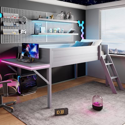 Wood Twin Size Loft Bed with Desk and LED, Wooden Loft Bed Frame with Angled Ladder, No Box Spring Needed for Kids