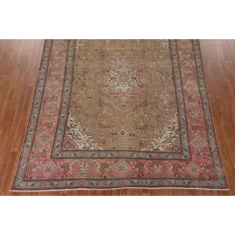 Distressed Gold Tabriz Persian Vintage Rug Handmade Wool Carpet - 8'3"x 10'8"