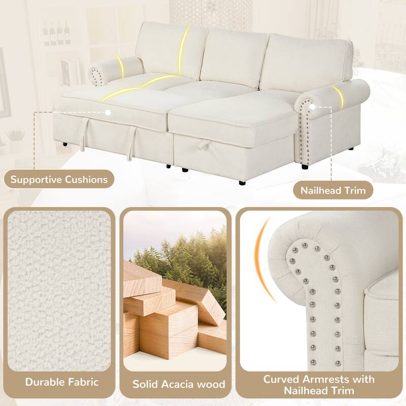 Convertible Sectional Sleeper Sofa with Storage Chaise, Pull-Down Backrest, Dual Cup Holders, Arc Armrests and Nailhead Trim