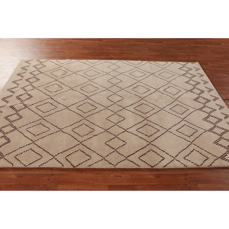 Hand Knotted Oriental 100% Wool Carpet Modern Geometric Beige & Ivories Moroccan Area Rug - 8' 0'' X 5' 0''