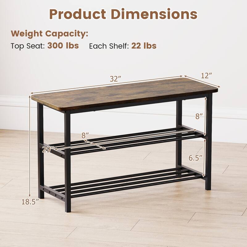 Gymax 3-Tier Shoe Rack Bench w/ Heavy Duty Metal Frame & 300 lbs Seat