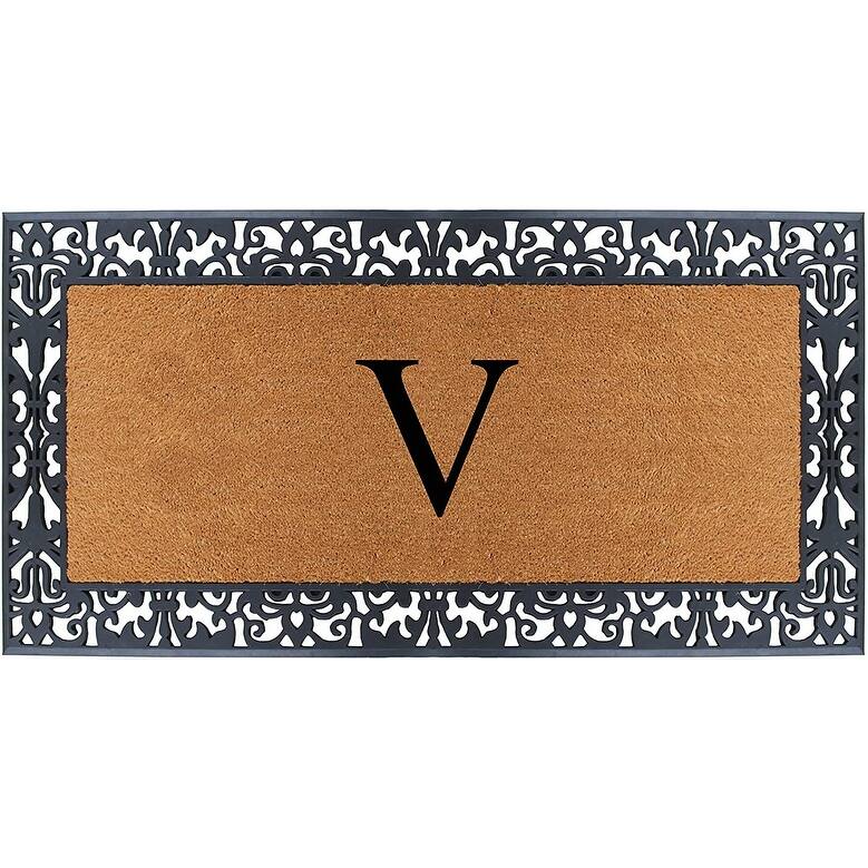 A1HC Rubber and Coir Paisley Border Heavy Duty Non-Slip Durable Double Door Monogrammed Doormat 30"X60", Black - V   