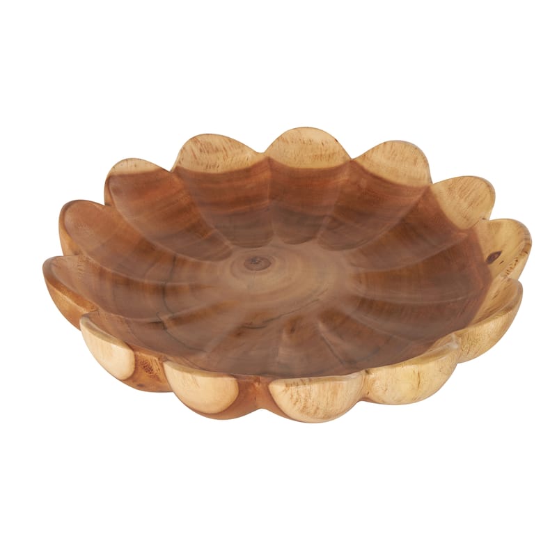 Teak Wood Floral Handmade Decorative Bowl with Light Brown Tones - Brown - Roche River Decor - 17"W x 17"L x 4"H