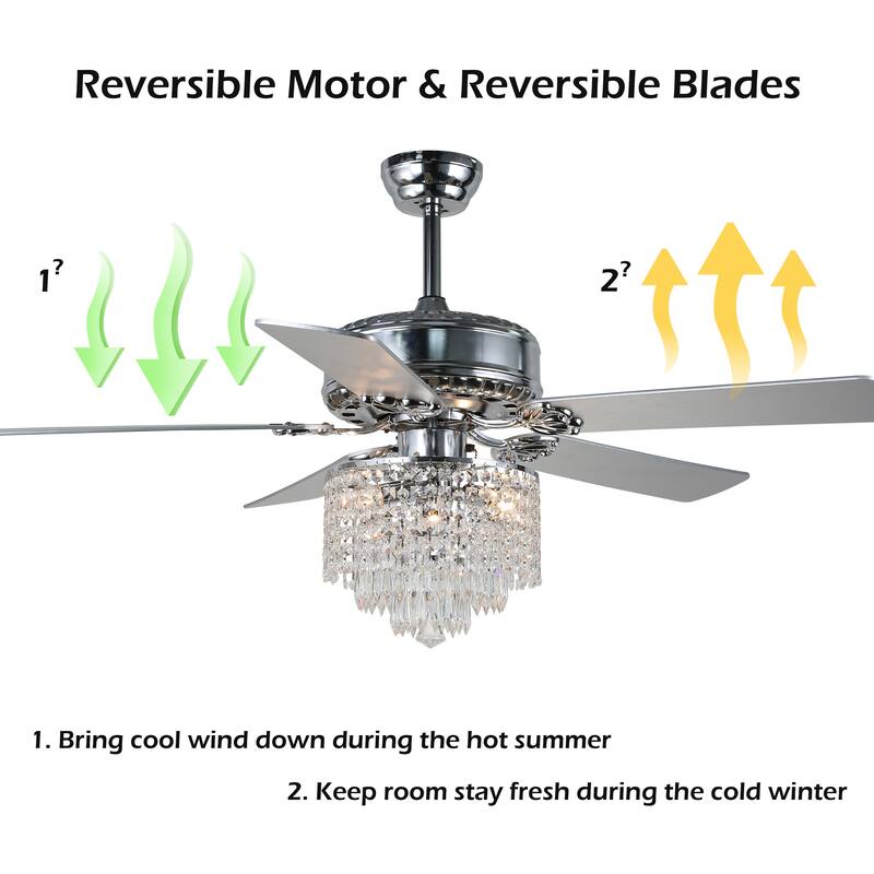52" Modern Indoor Reversible Crystal Drum Ceiling Fan with Remote Control and Light Kit Chrome