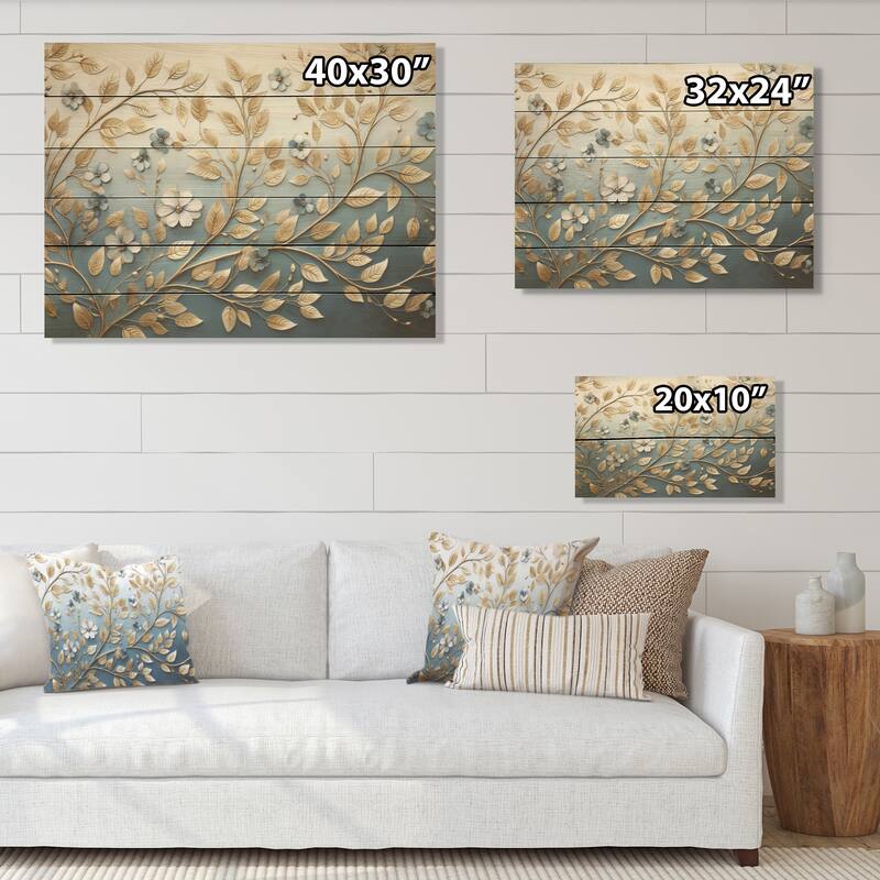 Designart "Minimalism blue and gold botanical melody" Wreath Wood Wall Decor - Beige Wood Panel On Natural Pine Wood