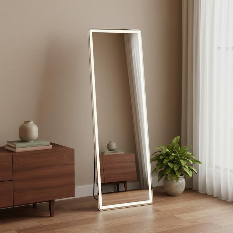 HomeRoots 64" Clear Lighted Freestanding and Wall Mount Frameless Full Length Mirror - 21.00 in. x 64.00 in. x 1.50 in. - 21.00 in. x 64.00 in. x 1.50 in.