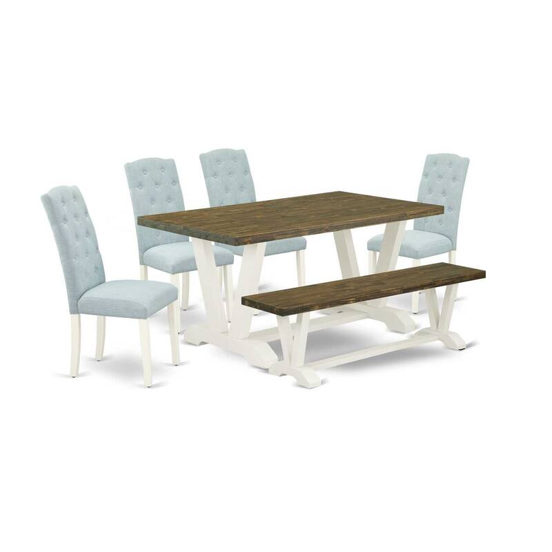 HomeStock 6-Piece Natural Oak Finish Solid Wood Top dining Table with 1-Bench and 4-Chairs