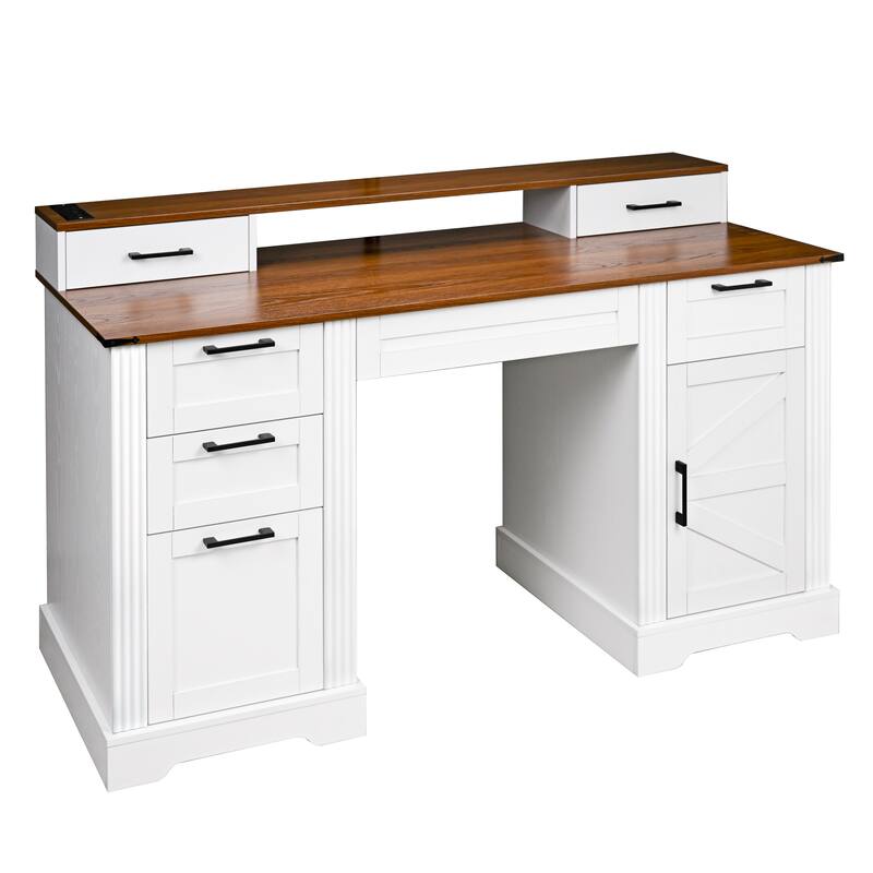 59" Executive Desk with Drawers, Farmhouse Home Office Desk Wood Computer Desk with Charging Station, Keyboard Tray