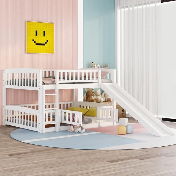 slide 2 of 44, Versatility Bunk Bed with Slide,Full Over Full Low Bunk Bed with Fence and Ladder for Toddler Kids White