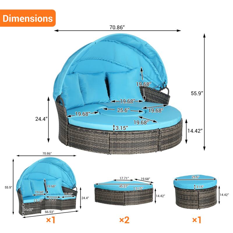 Outdoor Round Daybed with Retractable Canopy, Cushions, Table,Set of 5