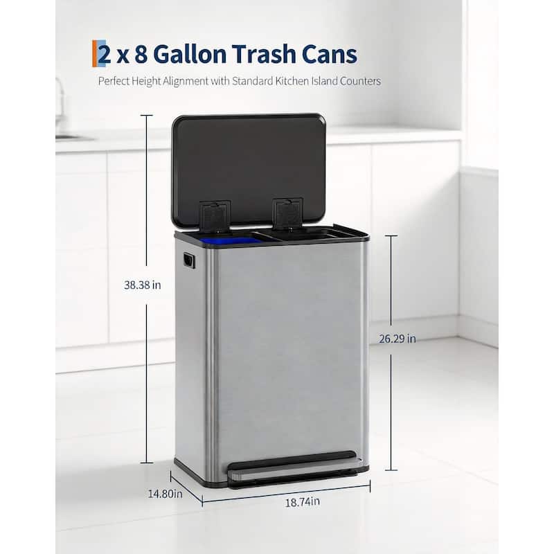 2 x 8 Gal Dual Compartment Trash Can, with Lid