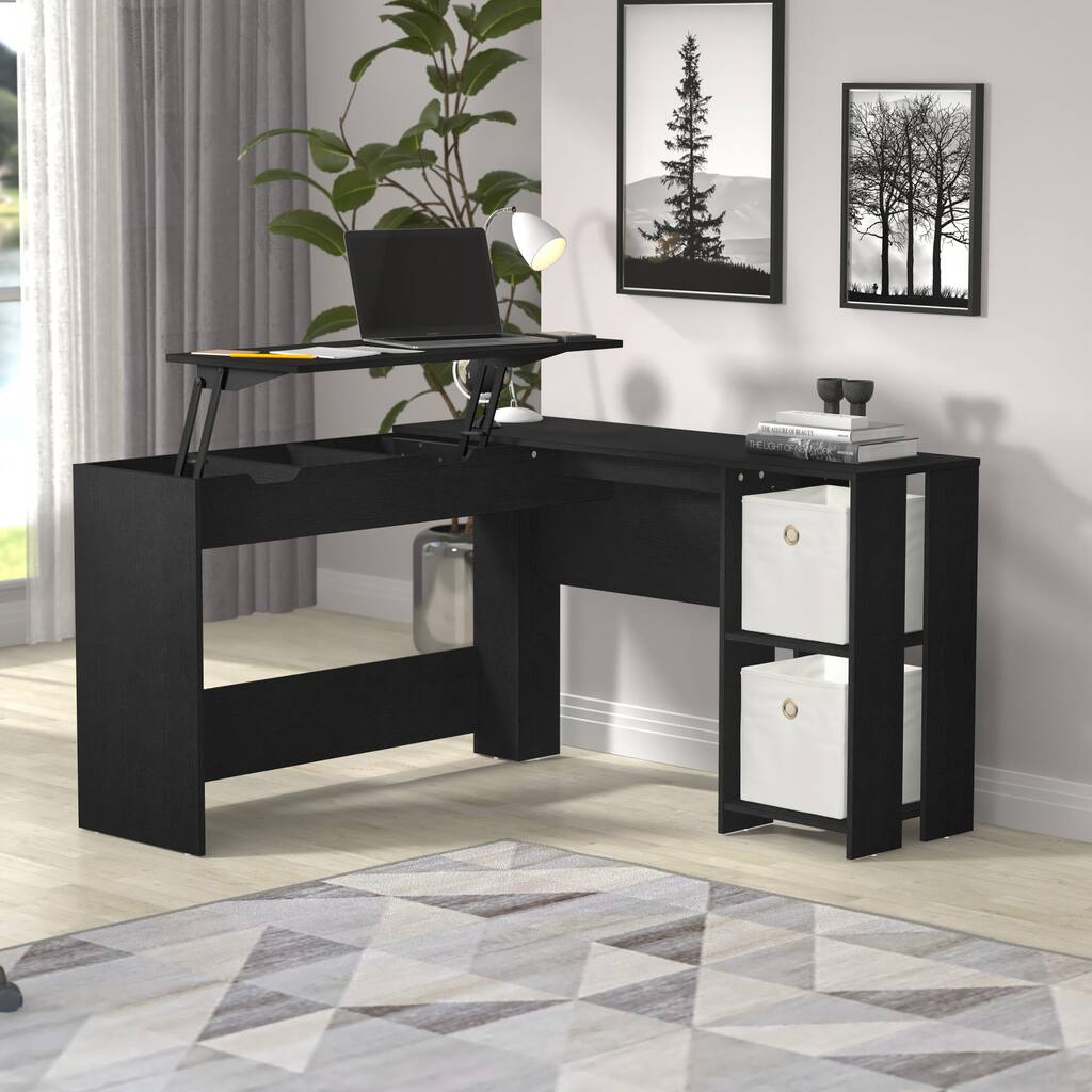 Wood L-Shaped Lift Top Desk with Storage, Black Oak, by Hillsdale Living Essentials