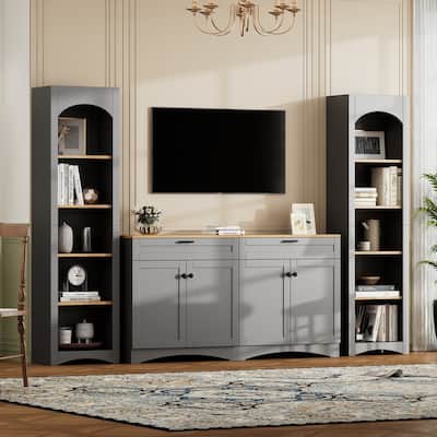 Farmhouse Entertainment Center TV Stand with Storage Cabinet and Bookshelf