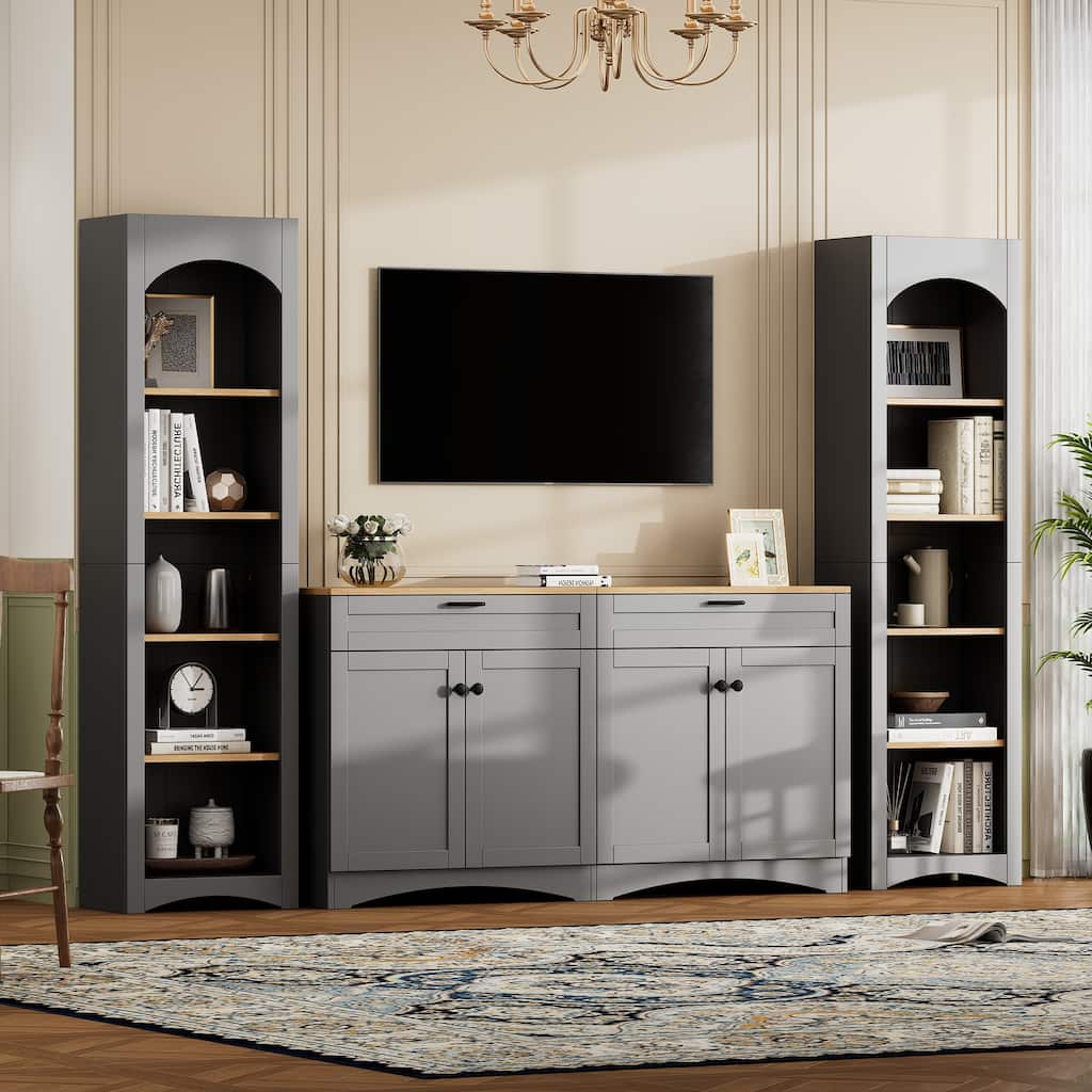 Farmhouse Entertainment Center TV Stand with Storage Cabinet and Bookshelf