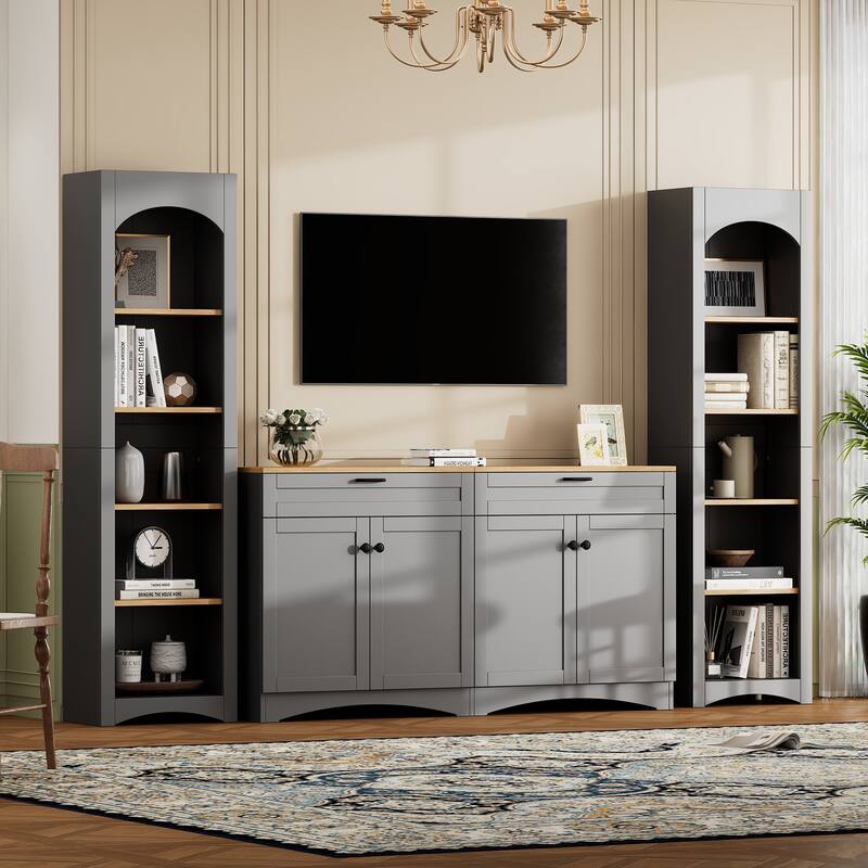 Large TV Stand Display Cabinet Set for TVs Up to 70", Wood Media Console Table Entertainment Center with Cabinet, 2 Drawers - Grey