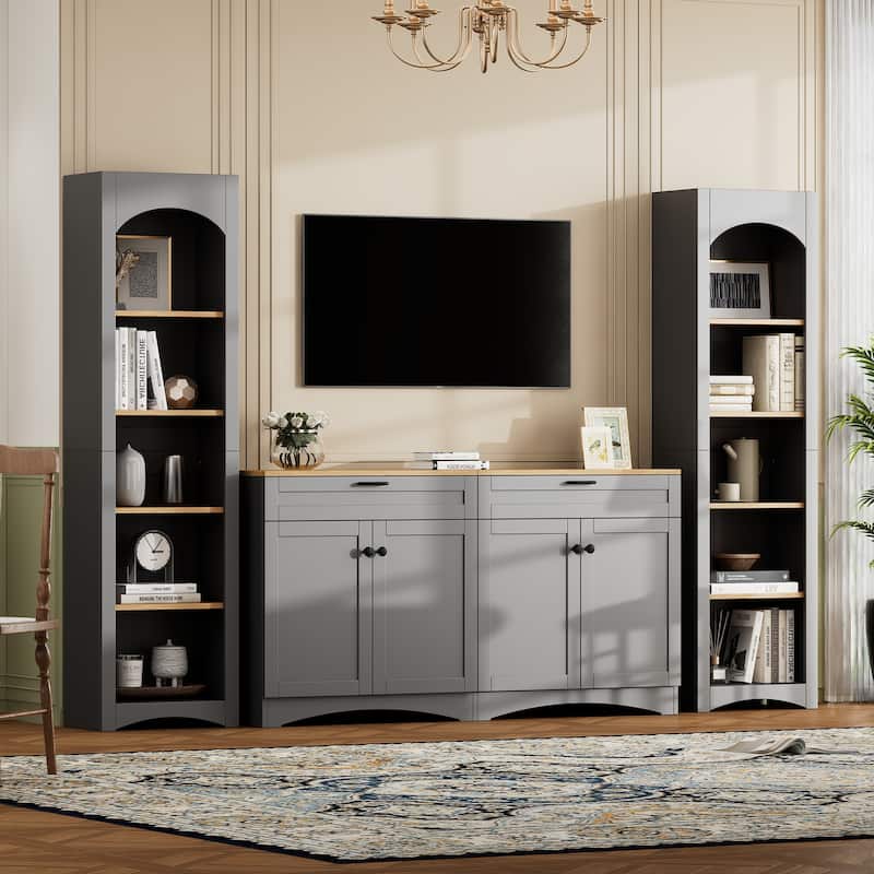 Roomfitters Rustic 3-Piece Entertainment Center for TVs up to 70", Mid-Century TV Stand with Bookshelves and Sideboard Storage - Grey