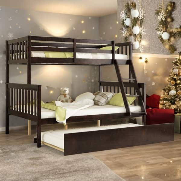 slide 2 of 36, Twin/Full Size Bunk Beds with Trundle, Convertible Ladder and Guardrail Espresso