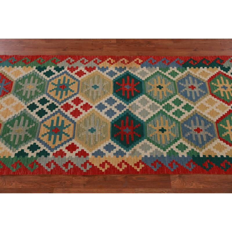 Hand Woven Oriental 100% Wool Carpet Southwestern All-Over Multi-Colored Kilim Runner Rug - 15' 11'' X 2' 10''