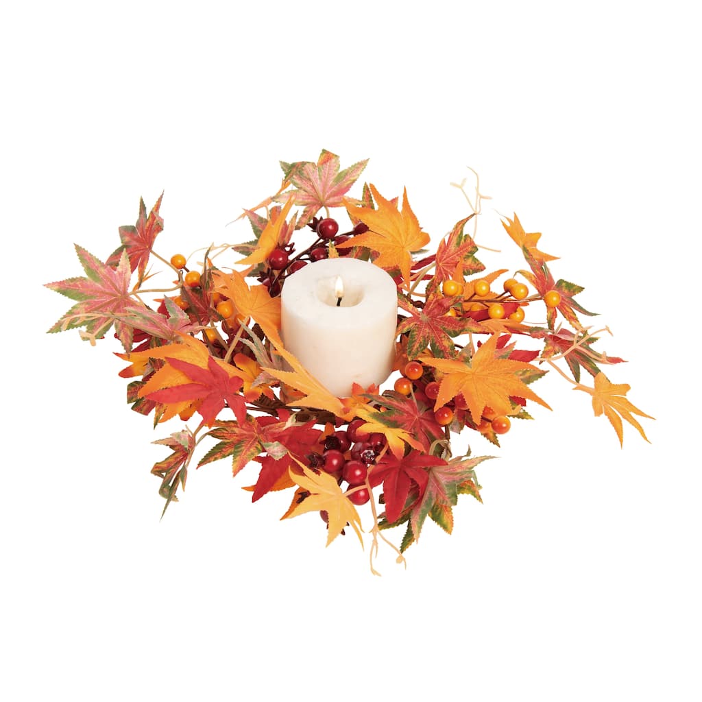 Transpac Fabric 13 in. Orange Harvest Gathered Leaves Candle Ring
