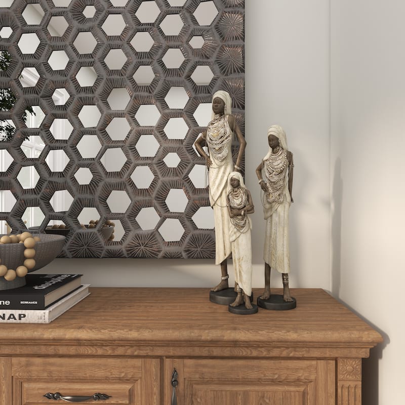 White Polystone Handmade Standing African Woman Decorative Sculpture with Intricate Jeweled Details (Set of 3)