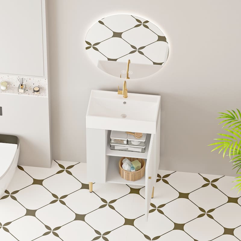 Small Bathroom Vanity with Sink, Narrow Depth Bathroom Vanities, Bathroom Cabinet with Open Side Shelves & Soft Closing Door
