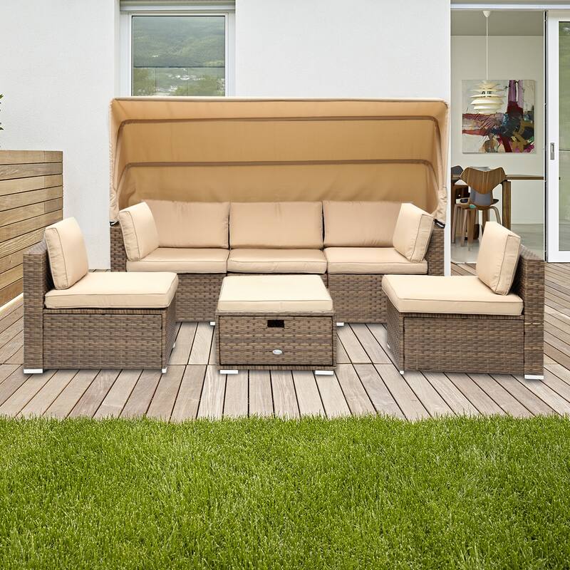 Moasis 6 Pieces Patio Wicker Sofa Daybed Furniture Set with Retractable Canopy - 7 Pcs