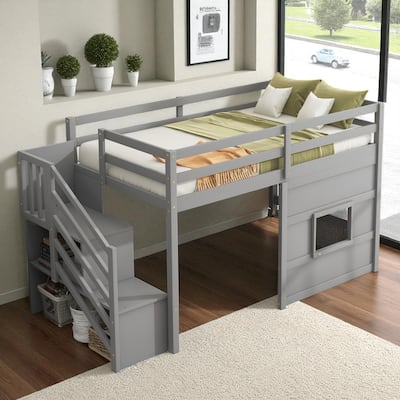 Twin Size Loft Bed with Storage Staircase, Window, LED Light and Guardrails, Solid Wood Frame