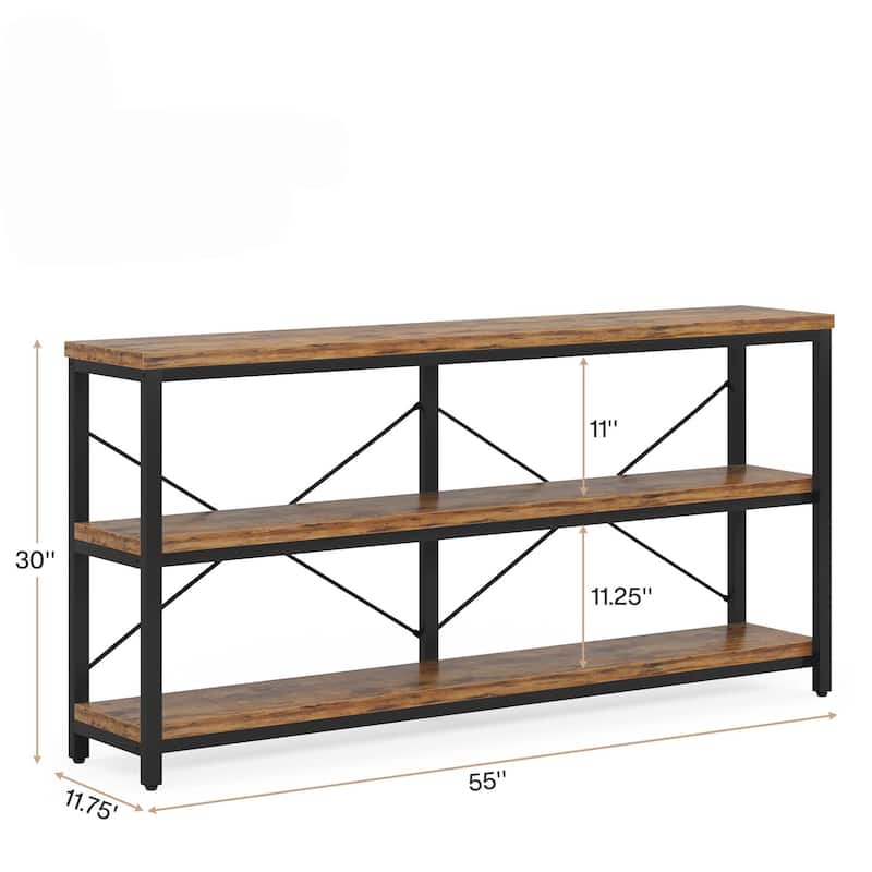 55" Industrial 3-Tier Console Table with Storage Shelves for Living Room, Hallway