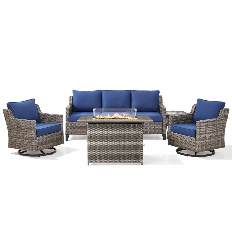 Pocassy Outdoor Swivel Chair with Sofa with Fire Pit Table
