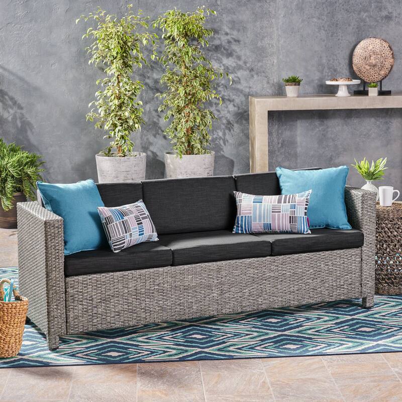 Roomfitters Outdoor Sofa with All-Weather Wicker, Removable Cushions, 3-Seater Patio Couch, Black+Grey - Black+Grey