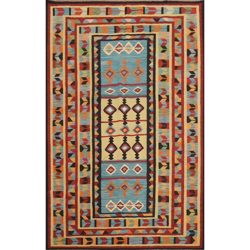 Hand Woven Oriental 100% Wool Carpet Southwestern Tribal Navy Blue & Blues Kilim Area Rug - 8' 7'' X 6' 1''