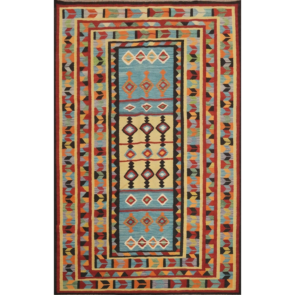 Hand Woven Oriental 100% Wool Carpet Southwestern Tribal Navy Blue & Blues Kilim Area Rug - 8' 7'' X 6' 1''