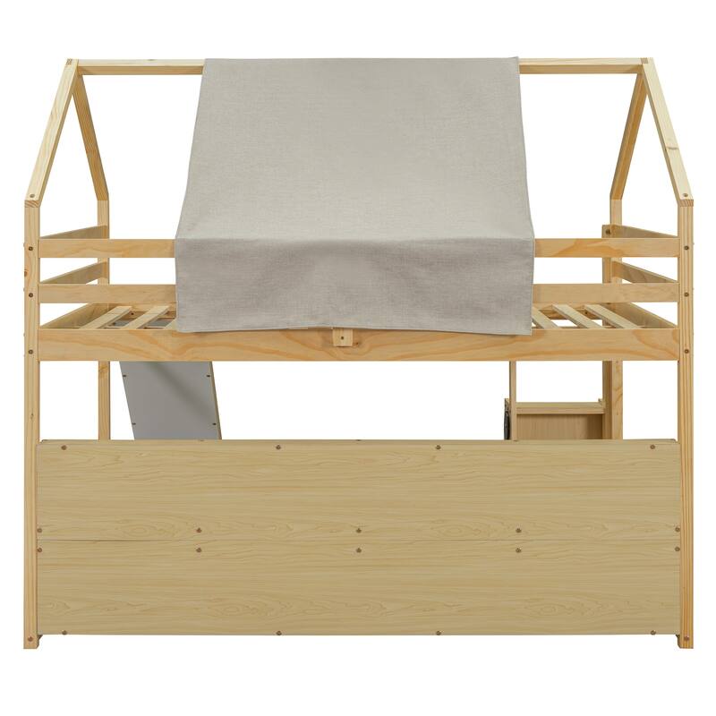 House-Shaped Wooden Loft Bed with Tent, Slide, and Storage - Twin/Full Size