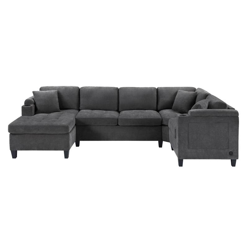 Oversized Corner Sectional, Modern U-Shaped Sectional Sofa with Built-in Storage Boxes and Dual Cup Holders, USB Ports, Pockets