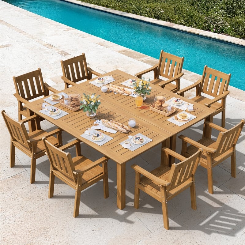 WINSOON 10-Piece HIPS All Weather Outdoor Patio Dining Sets with Umbrella Hole& Aluminum Frame,2-Table 8-Chairs - Teak