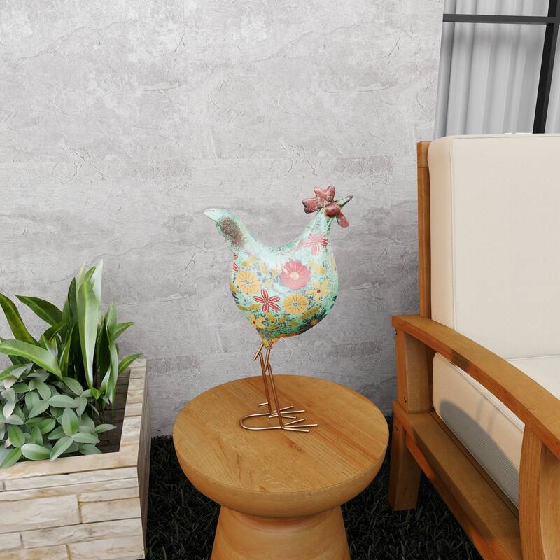 Green or Cream Metal Indoor Outdoor Distressed Standing Rooster Garden Sculpture with U Shaped Feet