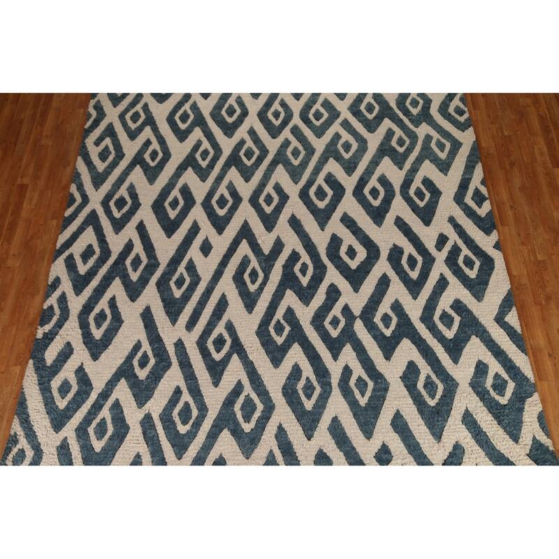 Ivory/ Navy Blue Modern Geometric Moroccan Wool Area Rug Handknotted