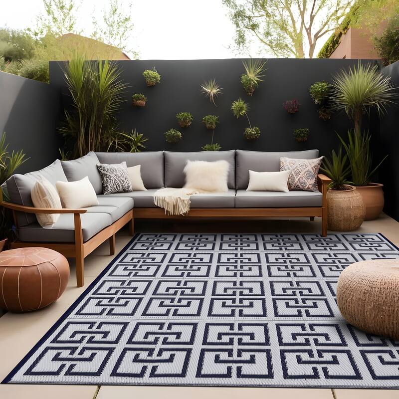 Beverly Rug Geometric Greek Key Outdoor Rug Waterproof for Patio, RV Camping
