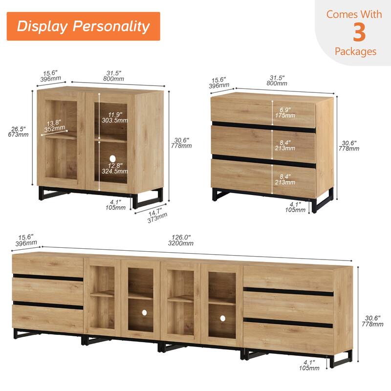 4 in 1 Modern Dresser with Glass Doors and 6 Drawers,Storage Cabinet with Adjustable Shelves, Chest of Drawers for Bedroom