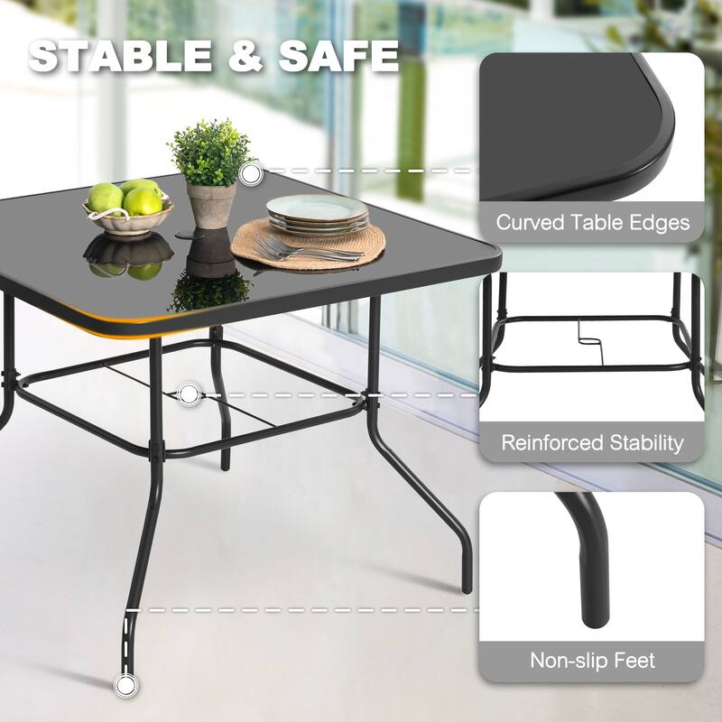 Outdoor Square Metal Dining Table with Tempered Glass Tabletop