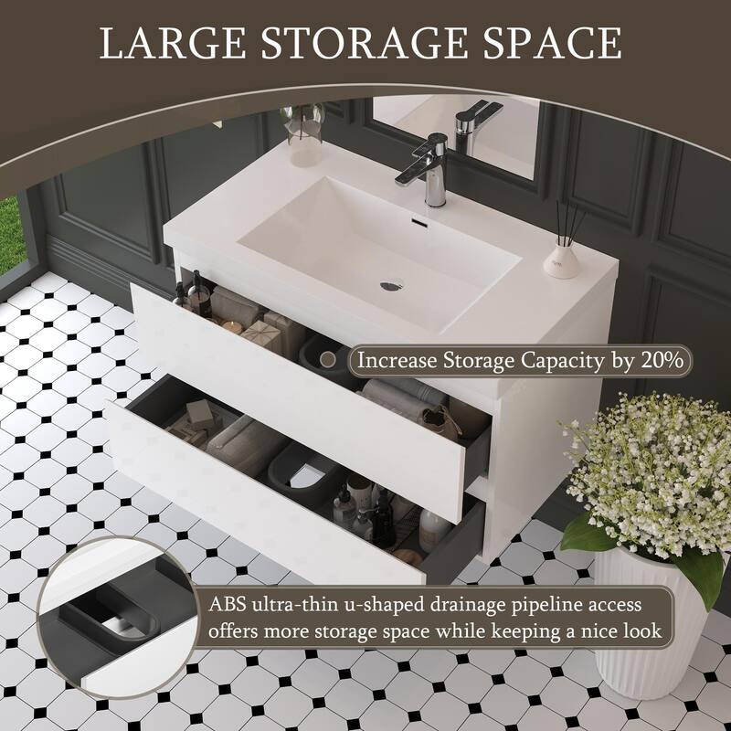 42" Wall-Mounted Bathroom Vanity with Glossy White Resin Sink - Modern Floating Bathroom Cabinet with Soft-Close Hinges