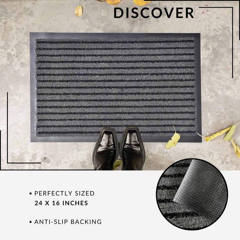 Durable Gray and Black Striped Front Door Mat 24x16 Indoor/Outdoor